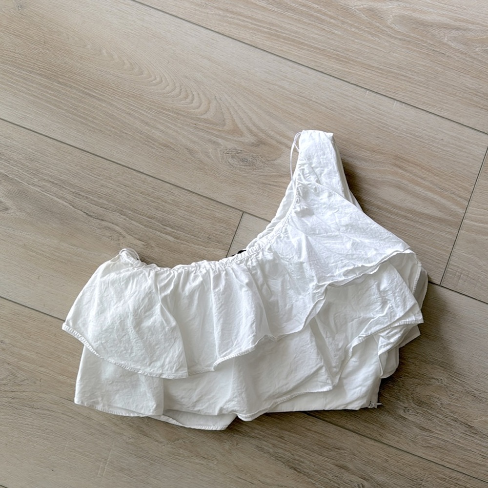 Zara White Ruffle One-Shoulder Crop Top